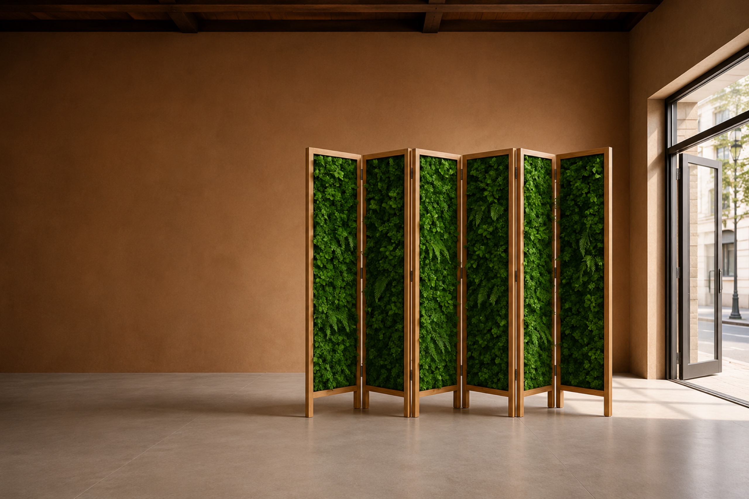 An Ovata folding living-wall screen in a bright, minimal room beside a street-facing window